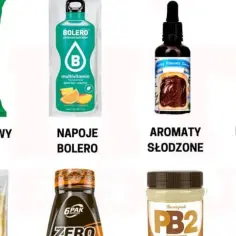 Zdjęcie przedstawia produkty spożywcze: popcorn, napoje, aromaty, ketchup, napój zero, masło orzechowe i wafle.